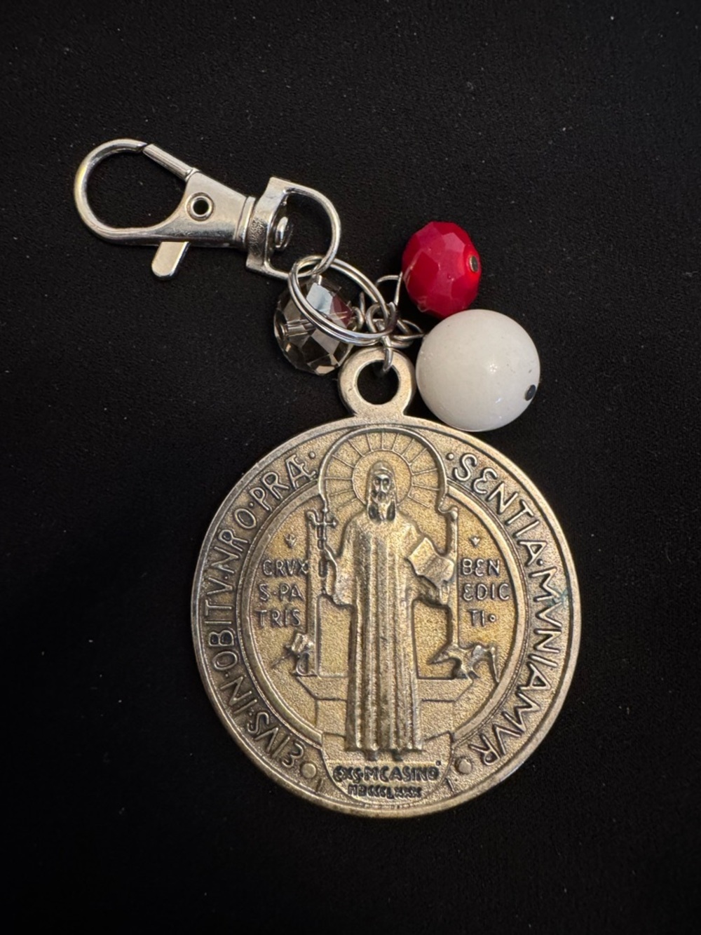 Handmade Saint Benedict Medal Keychain with Red and White Beads